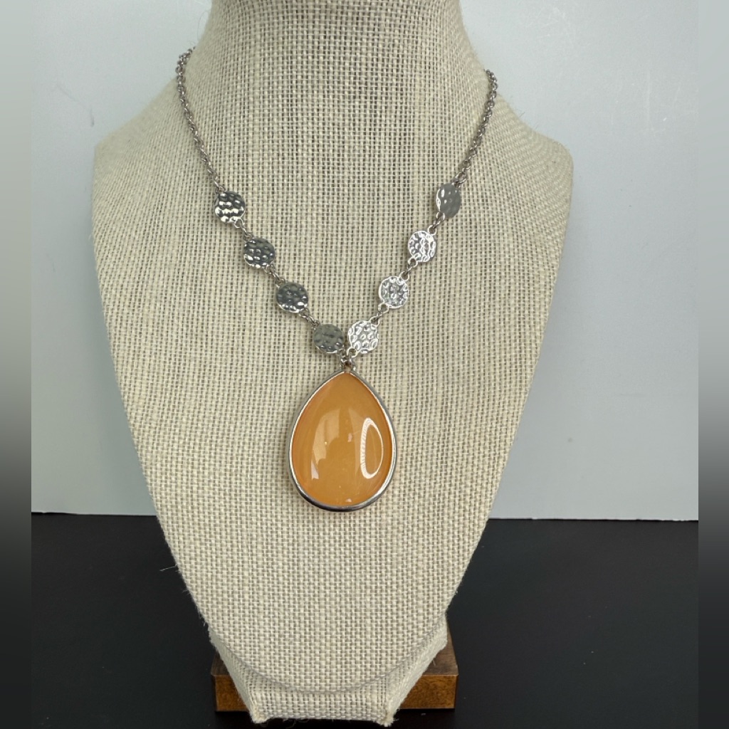 3 For $15 Color - Silver Tone Chain With Polished Orange Stone
